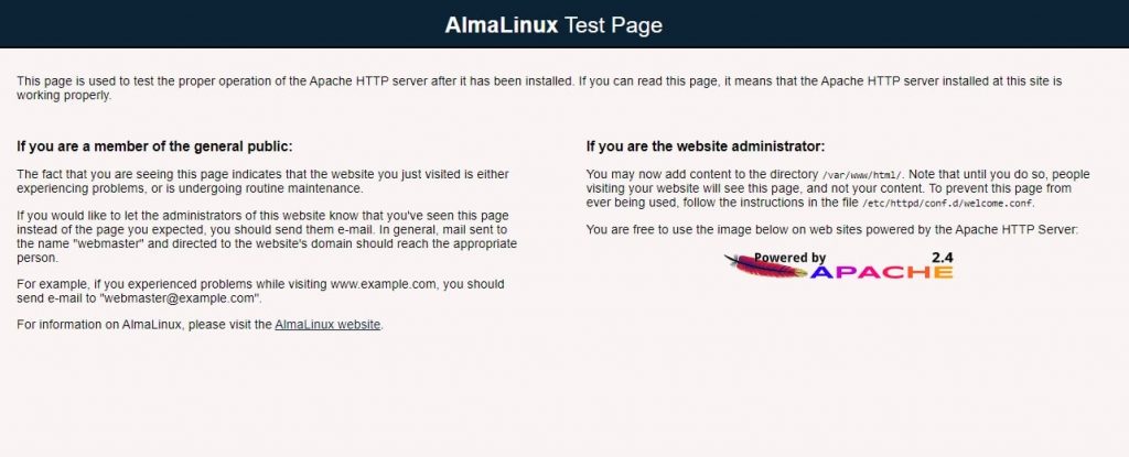 Apache test page on AlmaLinux